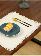 4 PCS Beige Cotton Linen Placemat with Fringe - Solid Color Table Mat for Dining (45X30CM) - Front View