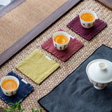Yellow Chinese Style Linen Coasters - Set of 4, Hand-Embroidered Tea Mats (9x9cm) - Front View