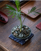 Navy Blue Chinese Style Linen Coasters - Set of 4, Hand-Embroidered Tea Mats (9x9cm) - Front View