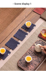 Navy Blue Chinese Style Linen Coasters - Set of 4, Hand-Embroidered Tea Mats (9x9cm) - Side View