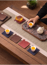 Navy Blue Chinese Style Linen Coasters - Set of 4, Hand-Embroidered Tea Mats (9x9cm) - 45-Degree Angle