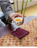Purple Red Chinese Style Linen Coasters - Set of 4, Hand-Embroidered Tea Mats (9x9cm) - Front View