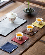 Chinese Style Linen Coasters - Set of 5, Hand-Embroidered Tea Mats (9x9cm) - Side View