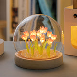 (Ten Pink Tulips) Glowing Tulip Dome Lamp - Wooden Base, Bedside Table Decoration