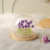 (Ten Purple Tulips) Glowing Tulip Dome Lamp - Wooden Base, Bedside Table Decoration - Top-Down View