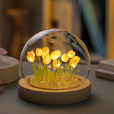 (Thirteen Yellow Tulips) Glowing Tulip Dome Lamp -  Wooden Base, Bedside Table Decoration - Front View