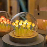 (Thirteen Yellow Tulips) Glowing Tulip Dome Lamp -  Wooden Base, Bedside Table Decoration - Side View