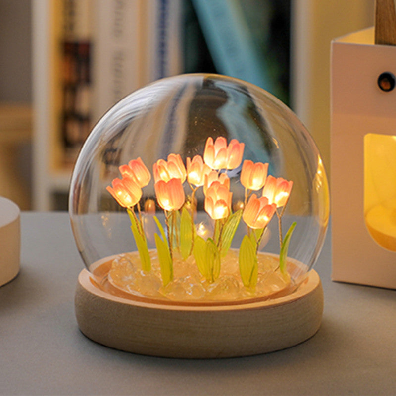 (Thirteen Pink Tulips) Glowing Tulip Dome Lamp - Wooden Base, Bedside Table Decoration