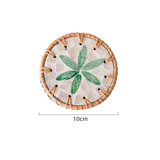 (Green Leaf Pattern) Set of 5 Rattan & Shell Coasters - Decorative & Heat Resistant