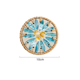 (Blue Leaf Fruit Pattern) Set of 5 Rattan & Shell Coasters - Decorative & Heat Resistant