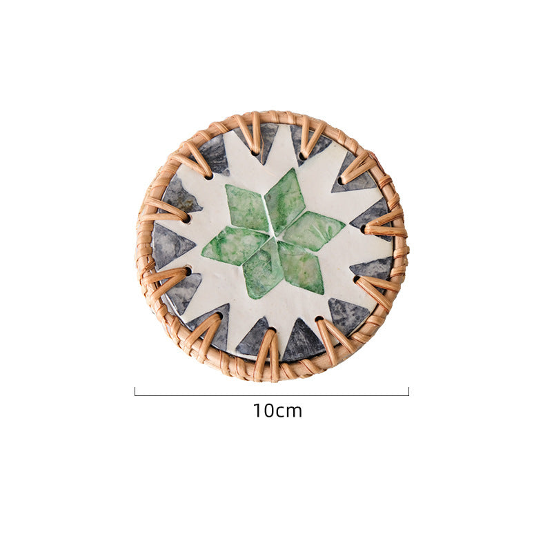 (Tooth Green Pattern) Set of 5 Rattan & Shell Coasters - Decorative & Heat Resistant