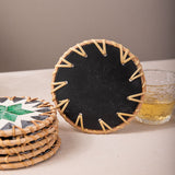 (Purple Blue Flower) Set of 5 Rattan & Shell Coasters - Decorative & Heat Resistant - Front View