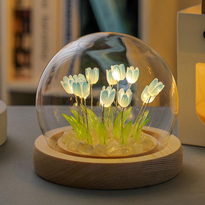 (Twenty Blue Tulips) Glowing Tulip Dome Lamp - Wooden Base, Bedside Table Decoration