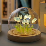 (Twenty Blue Tulips) Glowing Tulip Dome Lamp - Wooden Base, Bedside Table Decoration