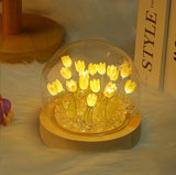 (Twenty Yellow Tulips) Glowing Tulip Dome Lamp - Wooden Base, Bedside Table Decoration