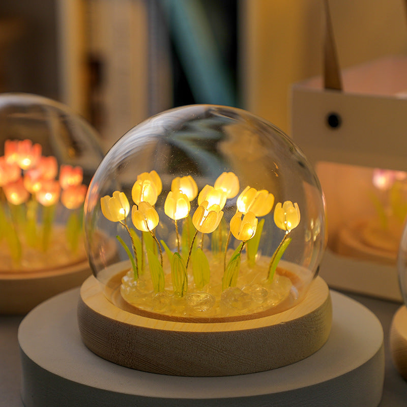 (Twenty Yellow Tulips) Glowing Tulip Dome Lamp - Wooden Base, Bedside Table Decoration