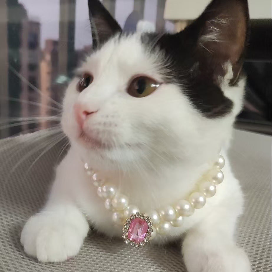 3-pcs Pink Diamond Double Strand Pearl & Rhinestone Pet Necklace - Luxury Collar for Cats & Dogs Size M (25-31CM)