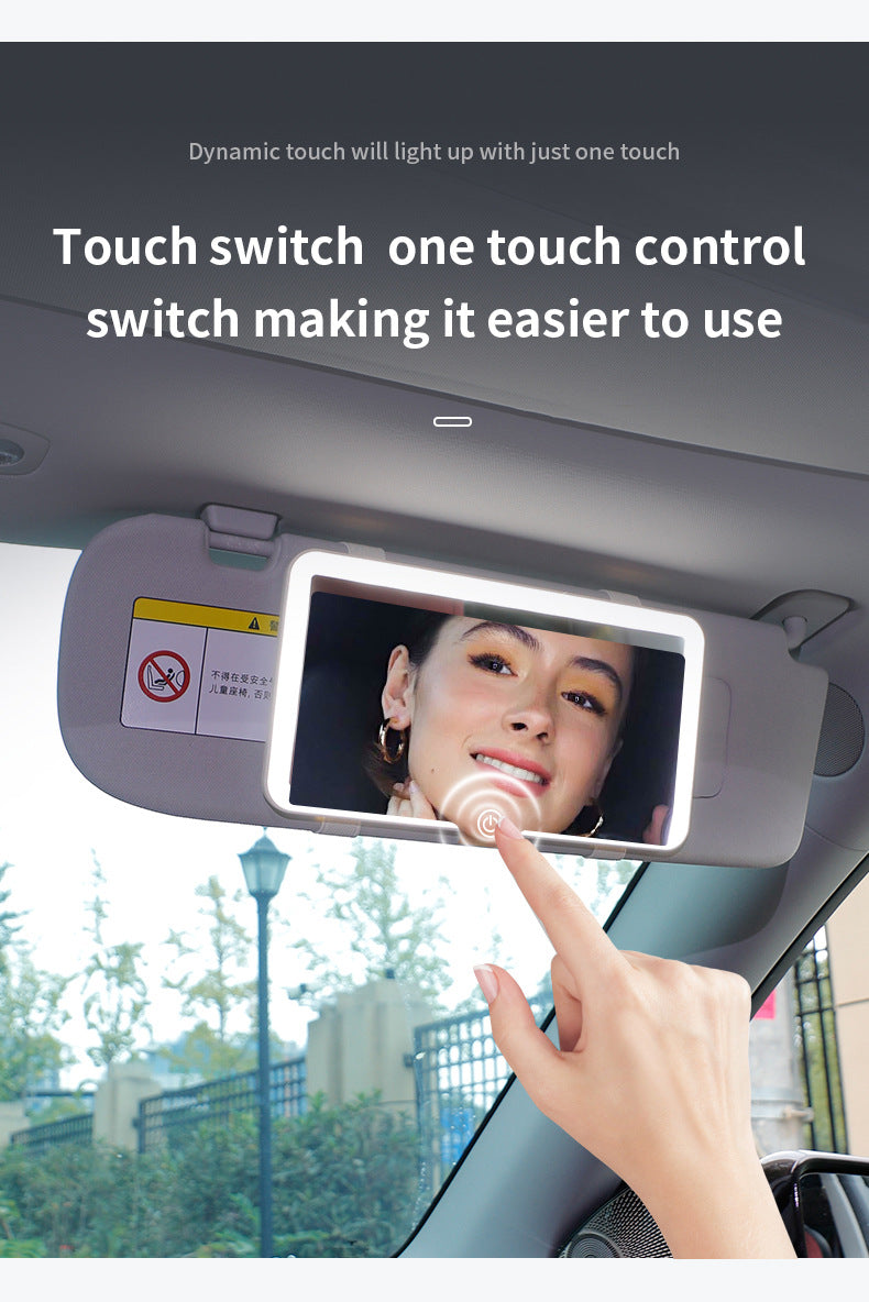 White Single button Car Sun Visor Makeup Mirror with LED Light - Tri-Color, Touch Control
