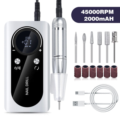White Professional 45000RPM Rechargeable Nail Drill - Portable Electric Nail File for Manicure & Pedicure