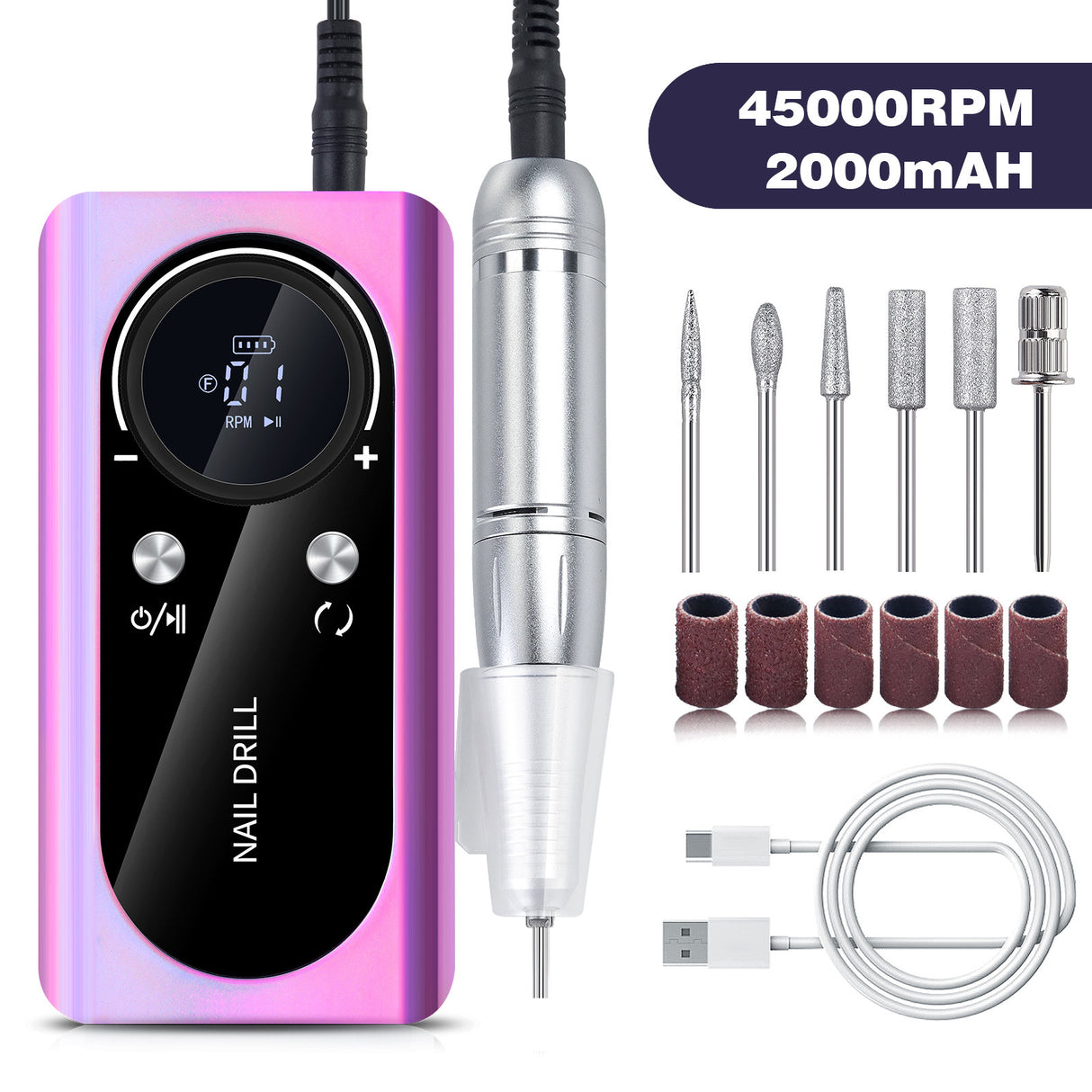 Purple Professional 45000RPM Rechargeable Nail Drill - Portable Electric Nail File for Manicure & Pedicure