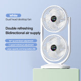 White Dual Head USB Rechargeable Desk Fan - Portable Double Air Circulator - Front View