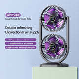 Purple Dual Head USB Rechargeable Desk Fan - Portable Double Air Circulator - Front View