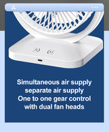 Purple Dual Head USB Rechargeable Desk Fan - Portable Double Air Circulator - Close-Up Angle