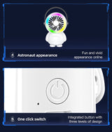 Green Astronaut Portable Fan - USB Rechargeable Desk Fan with RGB Night Light - Close-Up Angle