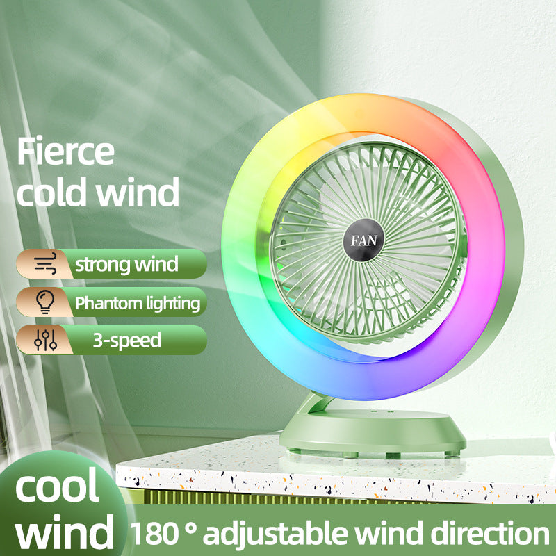 Green RGB Desktop Fan - USB Rechargeable, 3-Speed, 180? Adjustable, LED Light