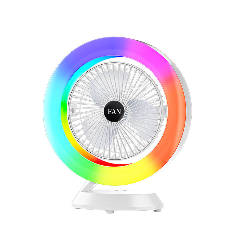 White RGB Desktop Fan - USB Rechargeable, 3-Speed, 180? Adjustable, LED Light