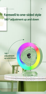 White RGB Desktop Fan - USB Rechargeable, 3-Speed, 180° Adjustable, LED Light - 45-Degree Angle