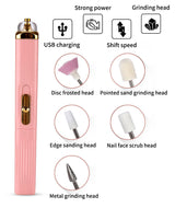 White Mini Electric Nail Polisher with USB Charging and 5 Grinding Heads - 45-Degree Angle