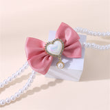 2 - PCS Cute Pet Pearl Necklace Collar with Pink Bow and Heart Charm - Size S - Front View