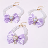 2 - PCS Cute Pet Pearl Necklace Collar with Purple Bow and Heart Charm - Size S - Front View
