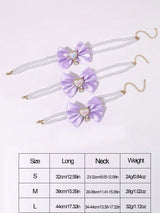 2 - PCS Cute Pet Pearl Necklace Collar with Purple Bow and Heart Charm - Size S - Side View