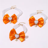 2 - PCS Cute Pet Pearl Necklace Collar with Orange Bow and Heart Charm - Size M - Front View