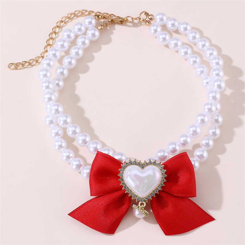 2 - PCS Cute Pet Pearl Necklace Collar with Red Bow and Heart Charm - Size M