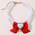 2 - PCS Cute Pet Pearl Necklace Collar with Red Bow and Heart Charm - Size M