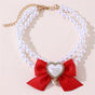 2 - PCS Cute Pet Pearl Necklace Collar with Red Bow and Heart Charm - Size M