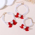 2 - PCS Cute Pet Pearl Necklace Collar with Red Bow and Heart Charm - Size M