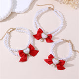 2 - PCS Cute Pet Pearl Necklace Collar with Red Bow and Heart Charm - Size M - Side View