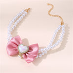 2 - PCS Cute Pet Pearl Necklace Collar with Pink Bow and Heart Charm - Size M