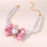 2 - PCS Cute Pet Pearl Necklace Collar with Pink Bow and Heart Charm - Size M - Side View