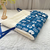 Tie-On Cat Cage Platform Pad - white cat pattern on Blue background (30x75cm) - Side View