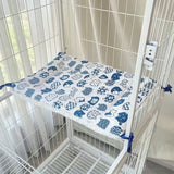 Tie-On Cat Cage Platform Pad - Blue cat pattern on white background (30x75cm) - Front View