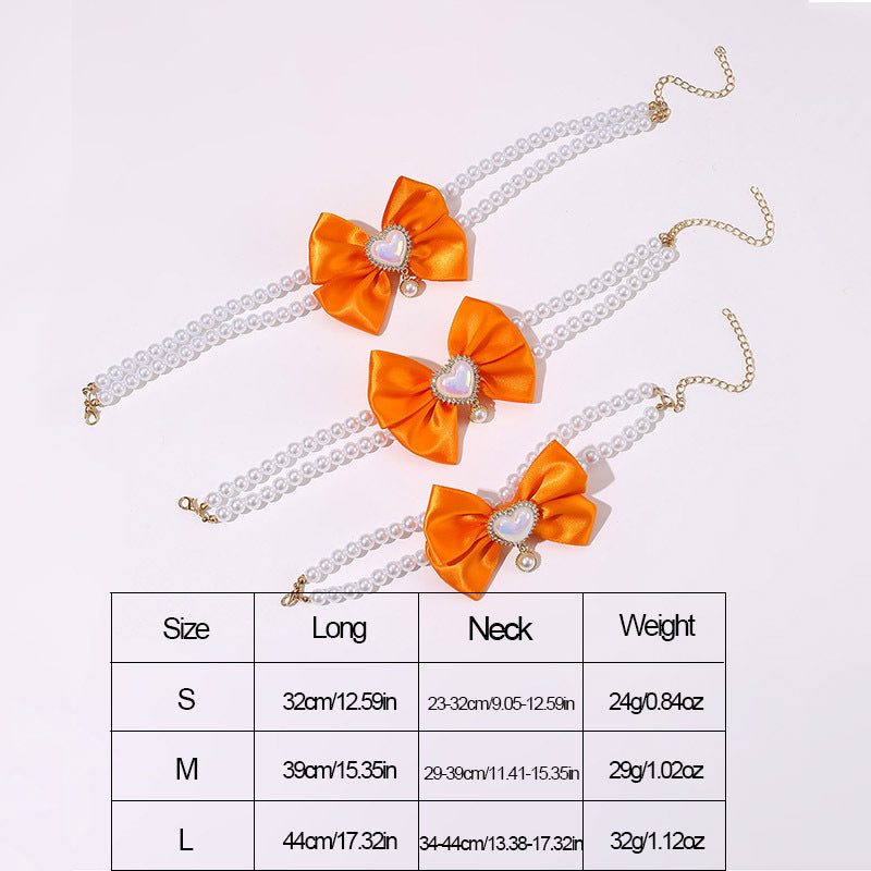 2 - PCS Cute Pet Pearl Necklace Collar with Orange Bow and Heart Charm - Size L