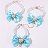 2 - PCS Cute Pet Pearl Necklace Collar with Blue Bow and Heart Charm - Size L - Front View