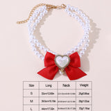 2 - PCS Cute Pet Pearl Necklace Collar with Red Bow and Heart Charm - Size L - Top-Down View