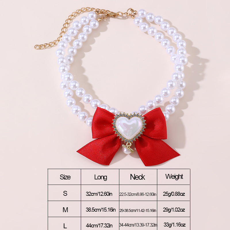 2 - PCS Cute Pet Pearl Necklace Collar with Red Bow and Heart Charm - Size L