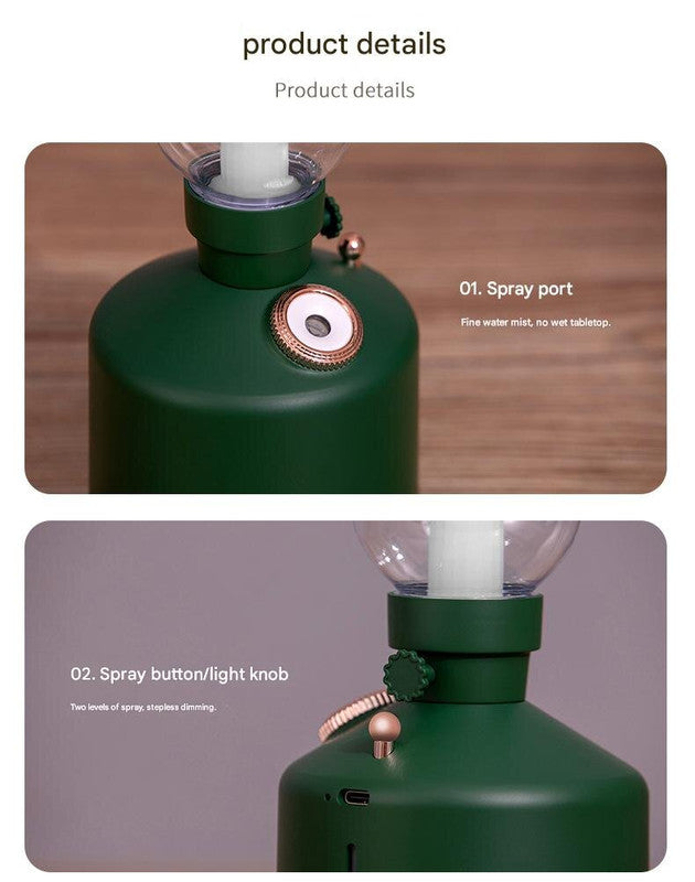 Green Retro Kerosene Lamp Humidifier - Rechargeable Cool Mist Maker with Dimmable Light